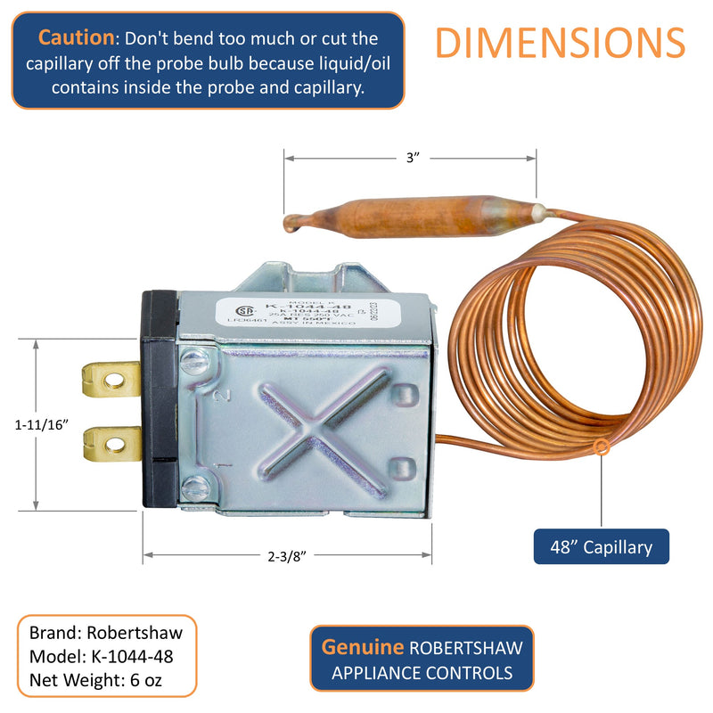 Robertshaw K-1044-48 Thermostat 25A 250VAC Max Temperature 550 °F, 48" Capillary Length