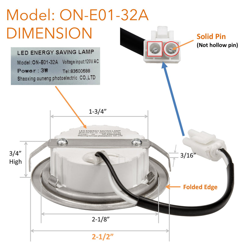 [2-1/2" Folded Edge] 2 Pcs of 120VAC LED Lights ON-E01-32A for Range Hoods using 120VAC Lights