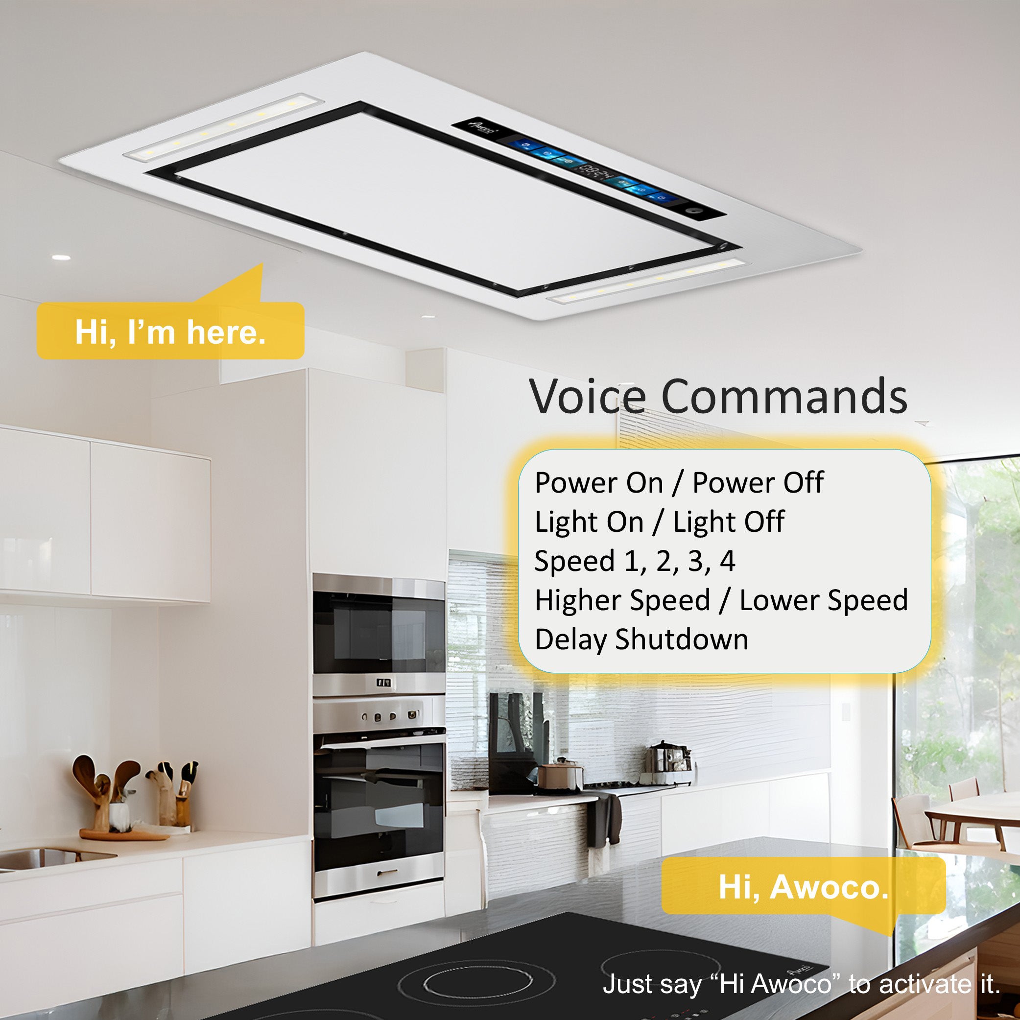 Awoco RH-IT08-GV 18.5”D Flush Ceiling Mount Split Insert Range Hood with Voice, Gesture, Touch, Remote Controls, 4-Speed 1000 CFM Stainless Steel Hood with 8” Round Vent LED Lights