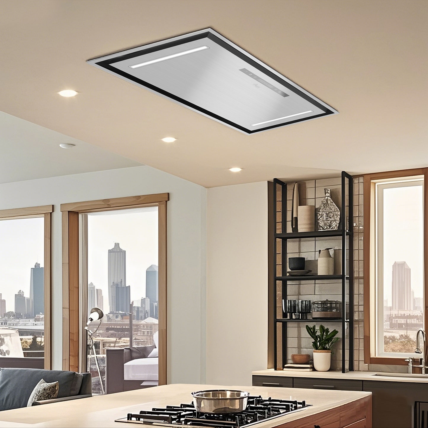 Awoco RH-BQ-CR Flush Ceiling Mount Insert Island Range Hood, Stainless Steel 4 Speeds 700 CFM, 6” Round Vent LED Lights Remote Control