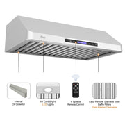 Awoco RH-S10 Under Cabinet Supreme 10” High Stainless Steel Range Hood, 4 Speeds, 8” Round Top Vent, 1000CFM, with Remote Control