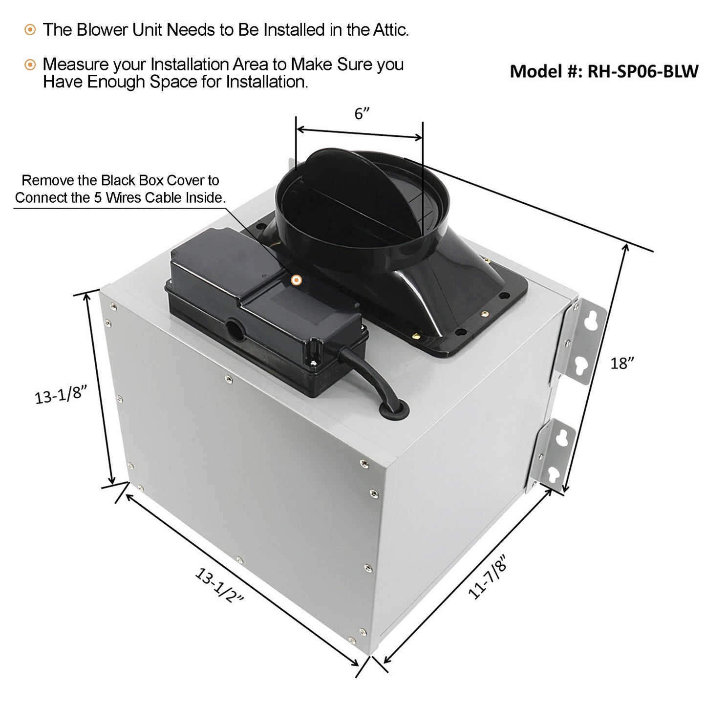 Awoco RH-SP06-BLW 6" Inline Blower Unit for Split Range Hoods, 4 Speeds 6” Round Top Vent, 800CFM