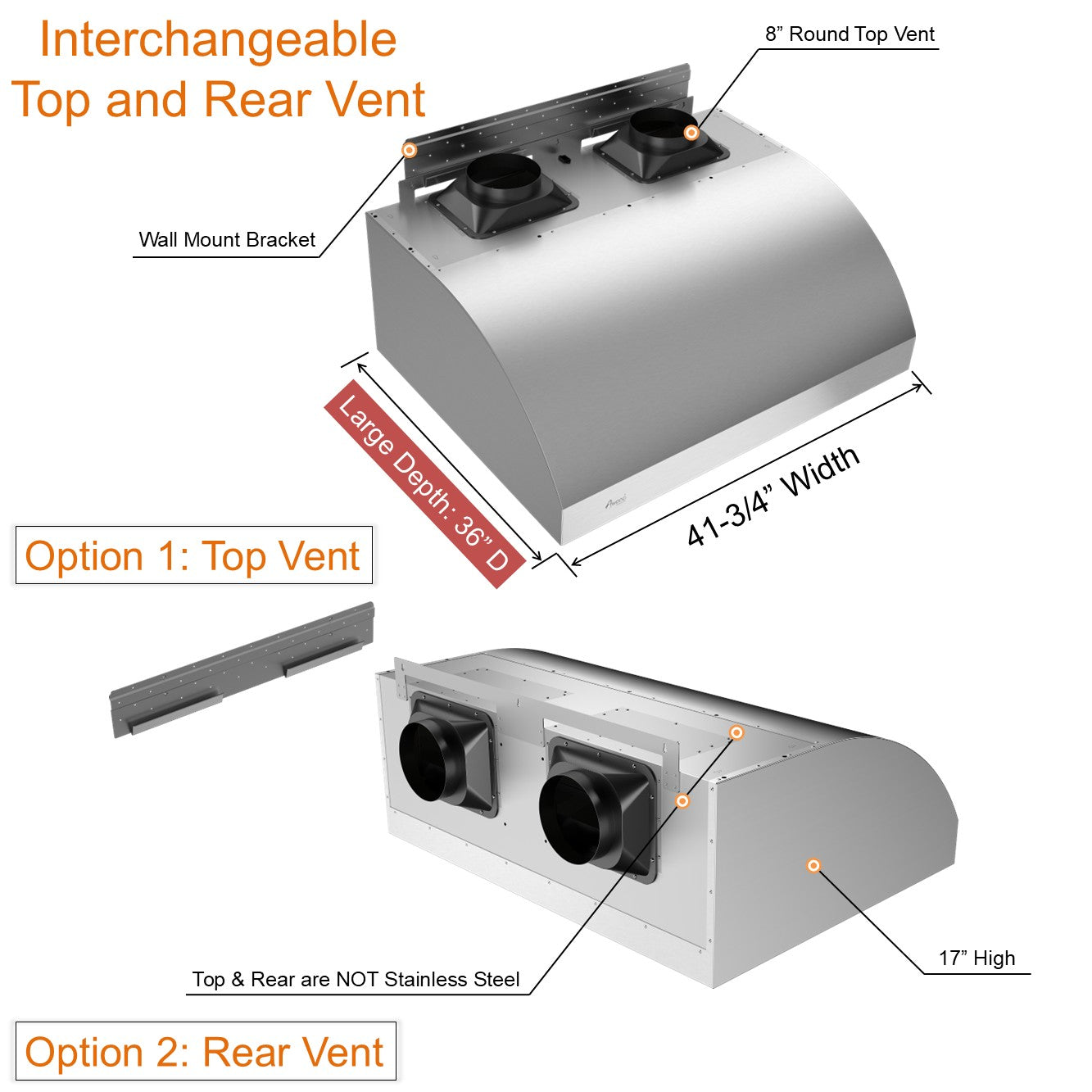 Awoco 42" Outdoor BBQ Vent Hood 18" High Type 304 Stainless Steel, 4 Speeds 2000 CFM, Dual Blowers, Adjustable LED Lights, 8” Round Top Vent