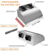 Awoco 48" Outdoor BBQ Vent Hood 18" High Type 304 Stainless Steel, 4 Speeds 2000 CFM, Dual Blowers, Adjustable LED Lights, 8” Round Top Vent