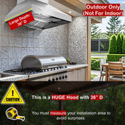 Awoco 42” Outdoor BBQ Wall Mount Vent Hood Type 304 Stainless Steel, 4 Speeds 1000 CFM, Adjustable LED Lights, 8” Round Top Vent