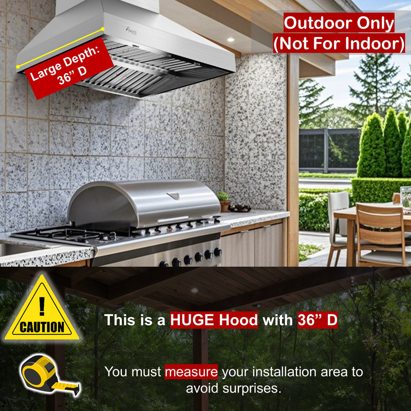 Awoco 48” Outdoor BBQ Wall Mount Vent Hood Type 304 Stainless Steel, 4 Speeds 2000 CFM, Dual Blowers, Adjustable LED Lights, 2 x 8” Round Top Vents