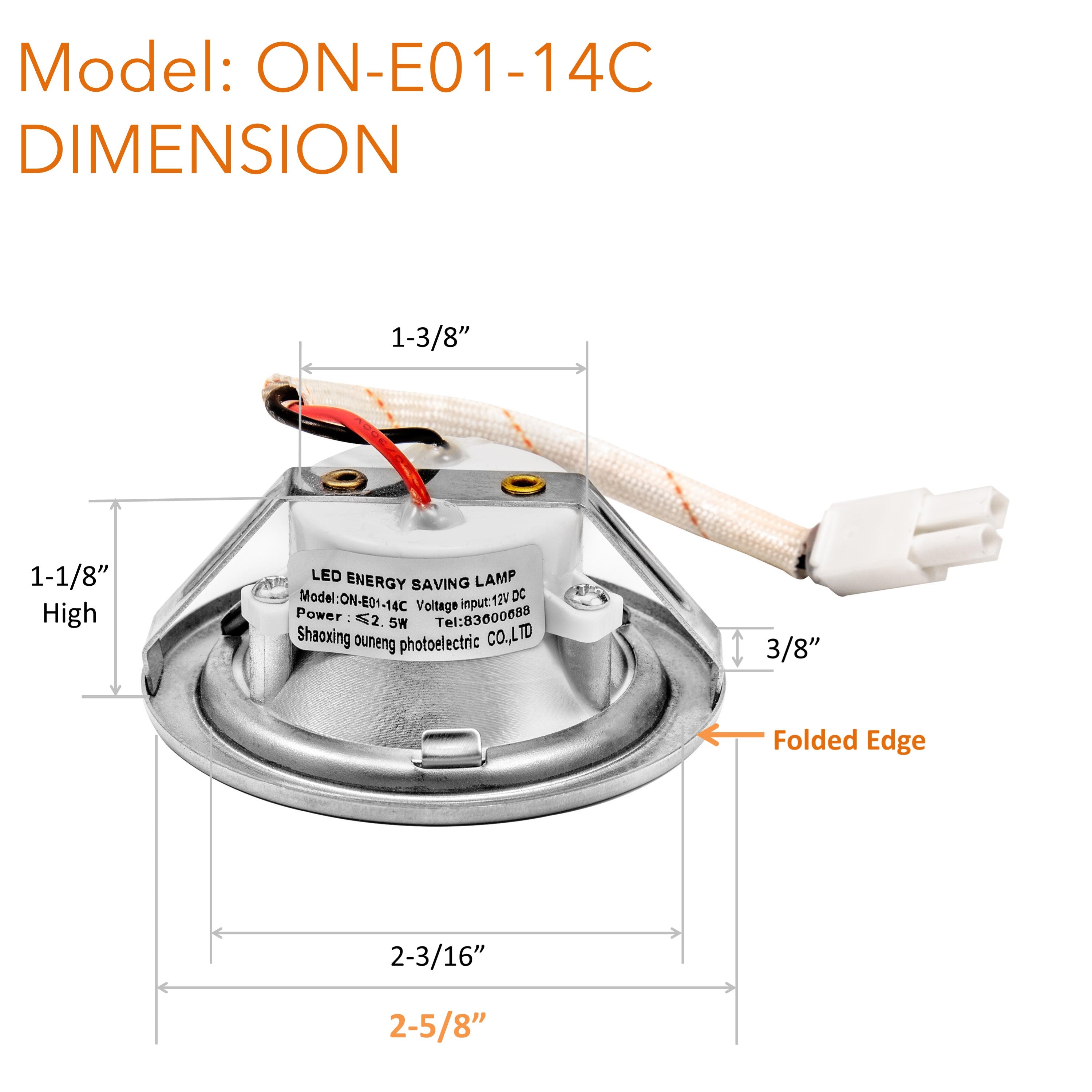 [2-5/8" Folded Edge] 2 Pcs of 12VDC LED Lights ON-E01-14D for Range Hoods with Recessed Light Holes