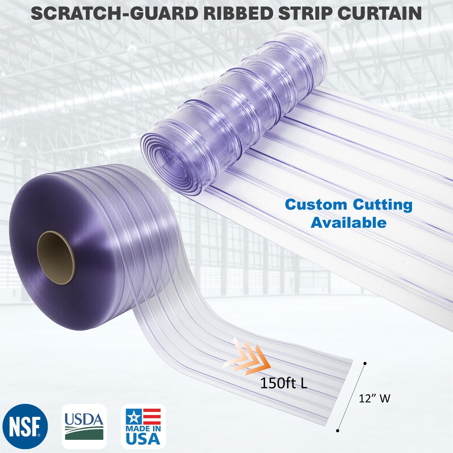 Scratch-guard ribbed strip curtain, 150ft L and 12" W
