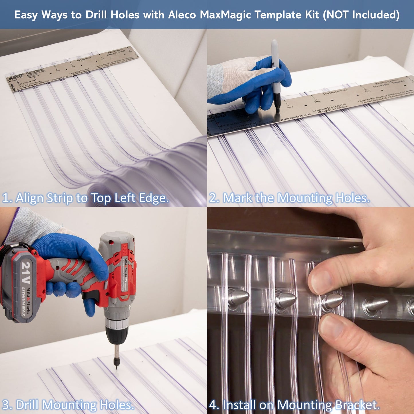 Step-by-step guide on using Aleco MaxMagic Template Kit for drilling holes.