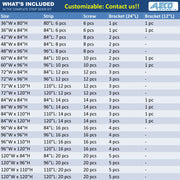 Table of strip door kit components including size, strip quantity, screw quantity, bracket quantities for different dimensions
