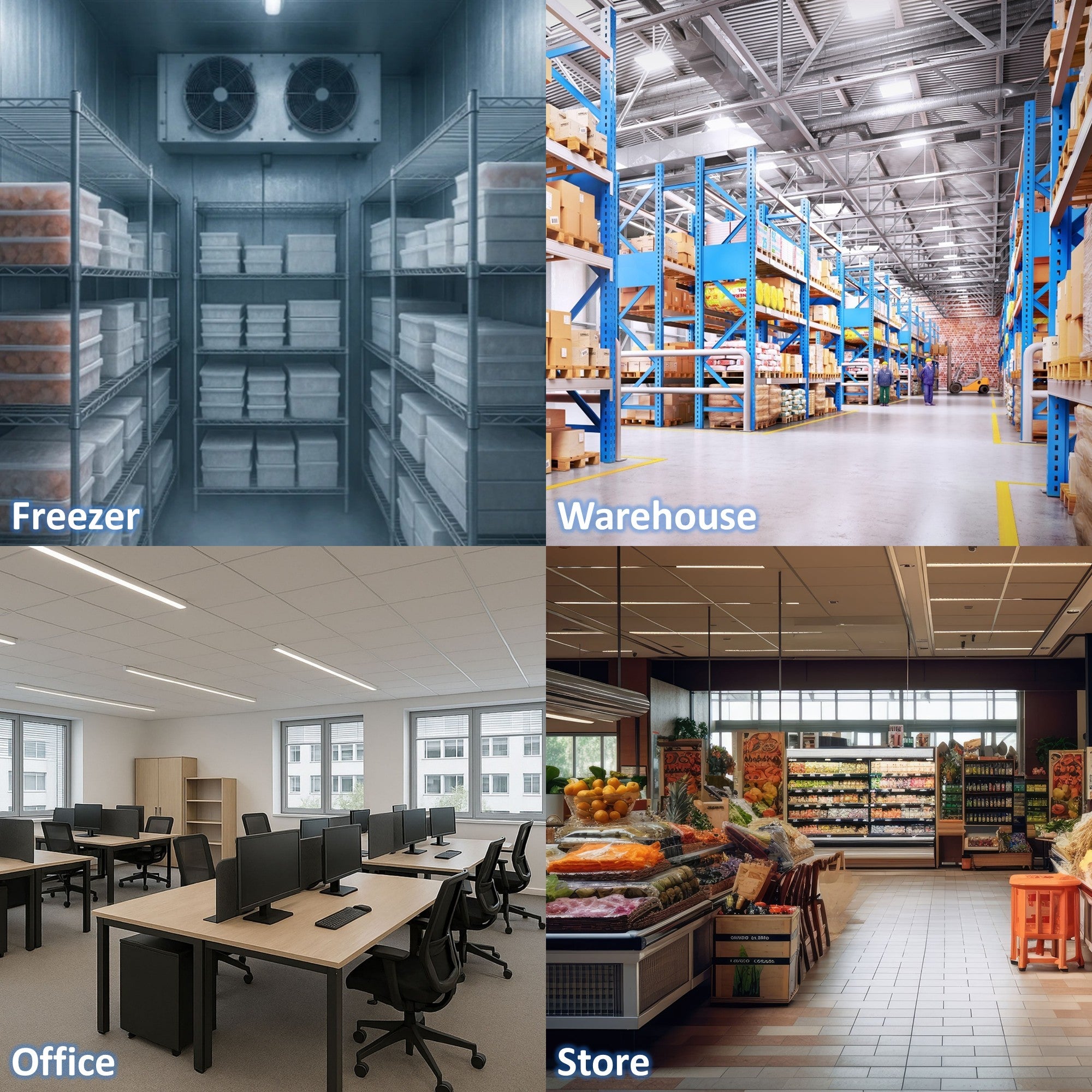 Strip curtain use different indoor environments including a freezer, warehouse, office, and store.