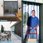 Mesh Strip Curtain use in warehouse, outdoor concession, and restaurant backdoor shown.