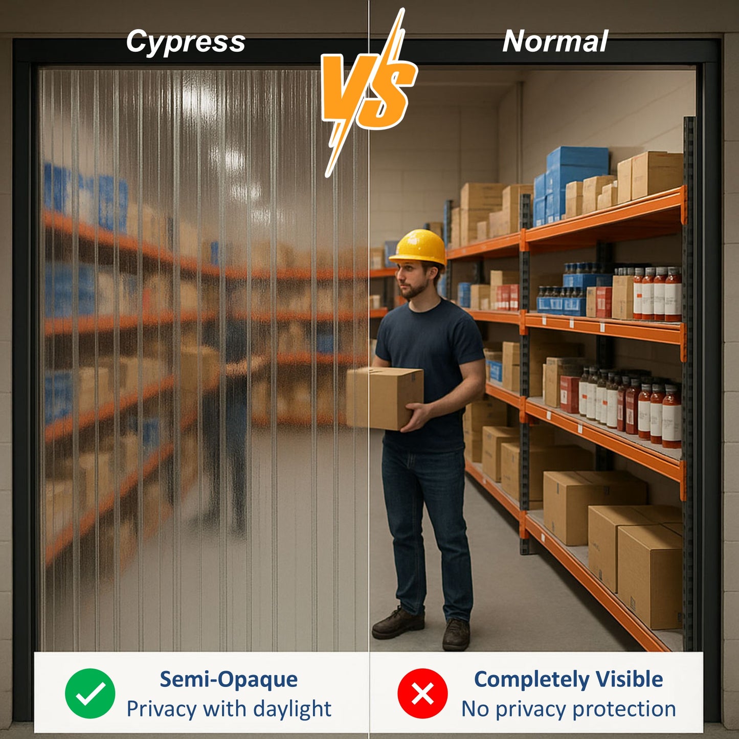 Comparison of semi-opaque and completely visible curtains in a warehouse setting.