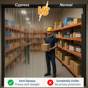 Comparison of semi-opaque and completely visible curtains in a warehouse setting.