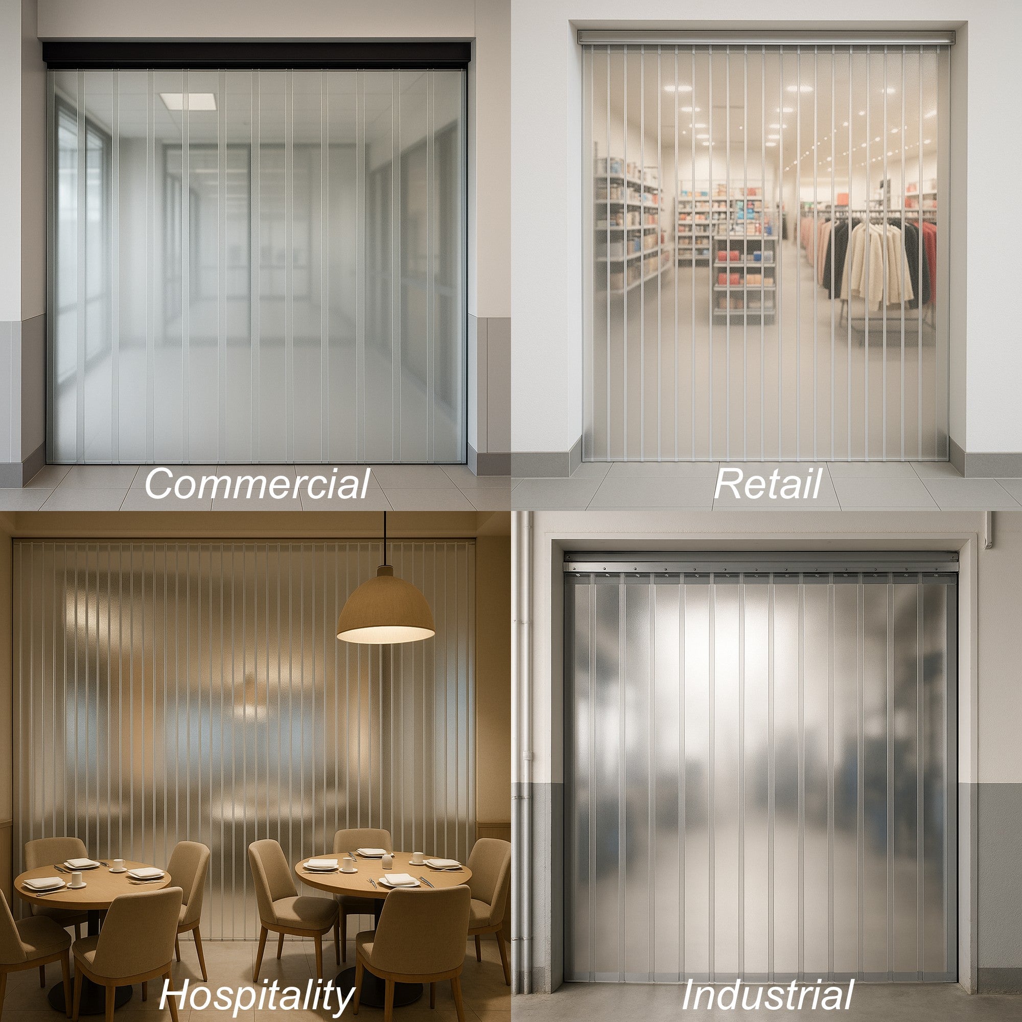Four different applications like Commercial, Retail, Hospitality, and Industrial.