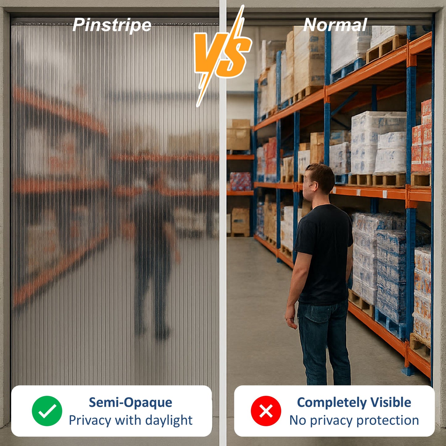 Comparison of pinstripe privacy curtain vs. normal curtain in a warehouse setting.