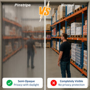 Comparison of pinstripe privacy curtain vs. normal curtain in a warehouse setting.