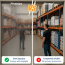 Comparison of pinstripe privacy curtain vs. normal curtain in a warehouse setting.