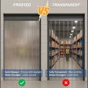 Comparison of frosted and transparent strip curtain in a warehouse setting.