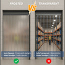 Comparison of frosted and transparent strip curtain in a warehouse setting.