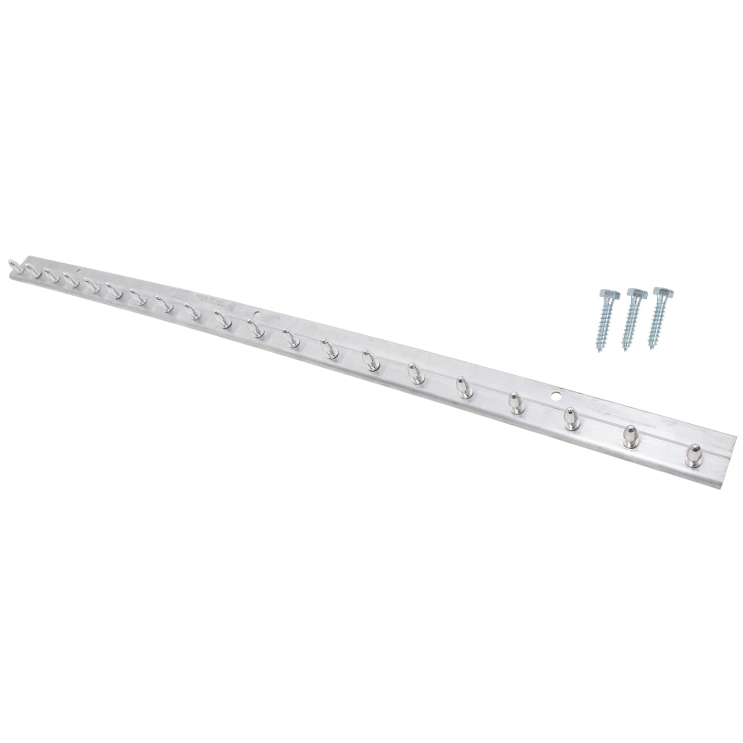 Metal wall-mounted hook strip with multiple hooks and screws 