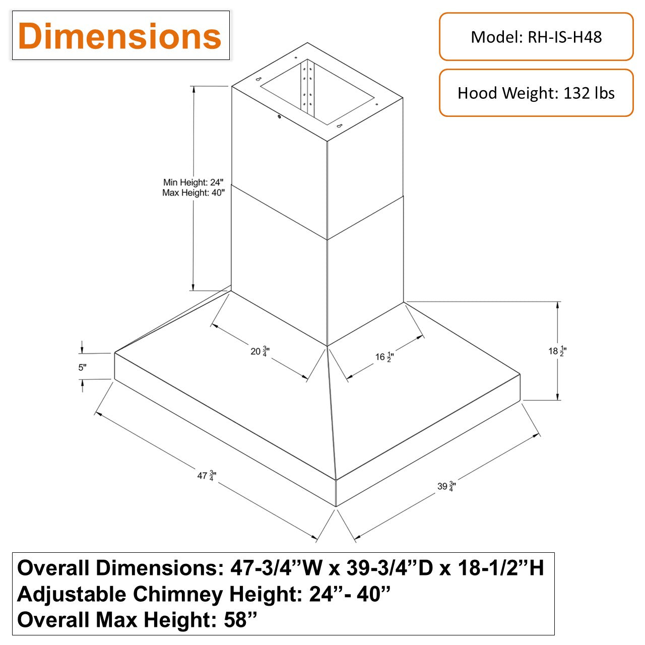 RH-IS-H BBQ Outdoor Range Hood Dimensions