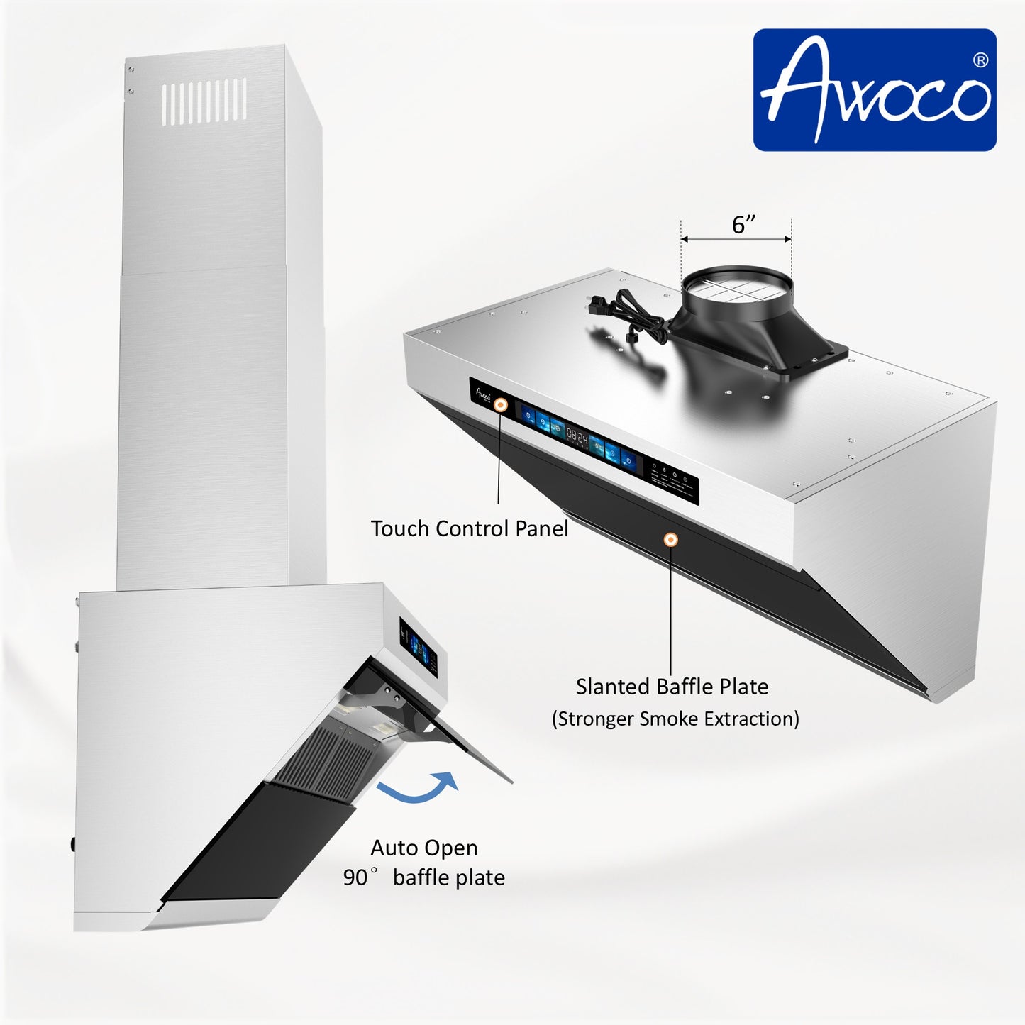 Touch control panel, slanted baffle plate, auto open baffle plate