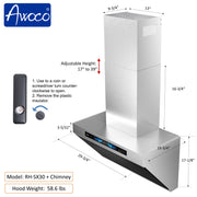 Stainless steel range hood with adjustable chimney height and detailed measurements.