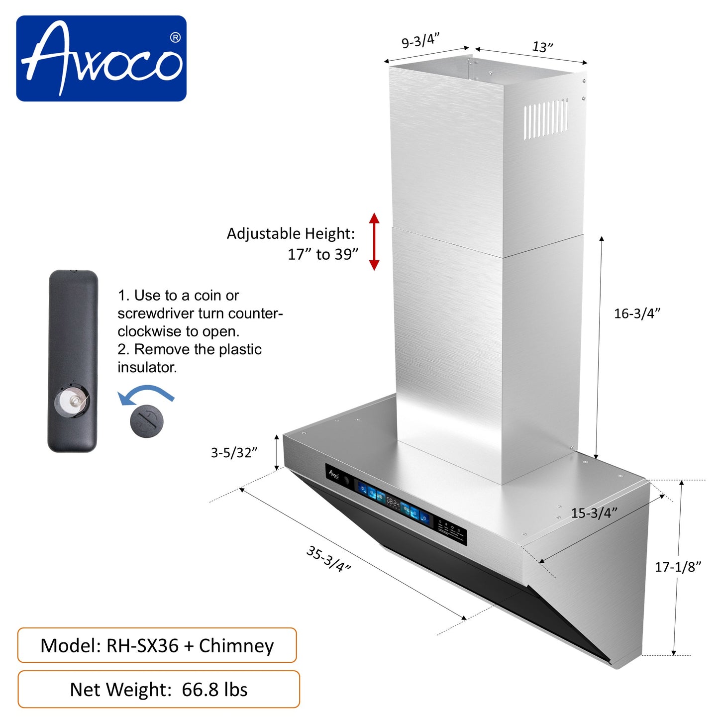 Stainless steel range hood with adjustable chimney height and detailed measurements.