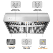 Stainless steel BBQ vent hood with control features and LED lights.