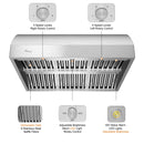 Stainless steel BBQ vent hood with control features and LED lights.