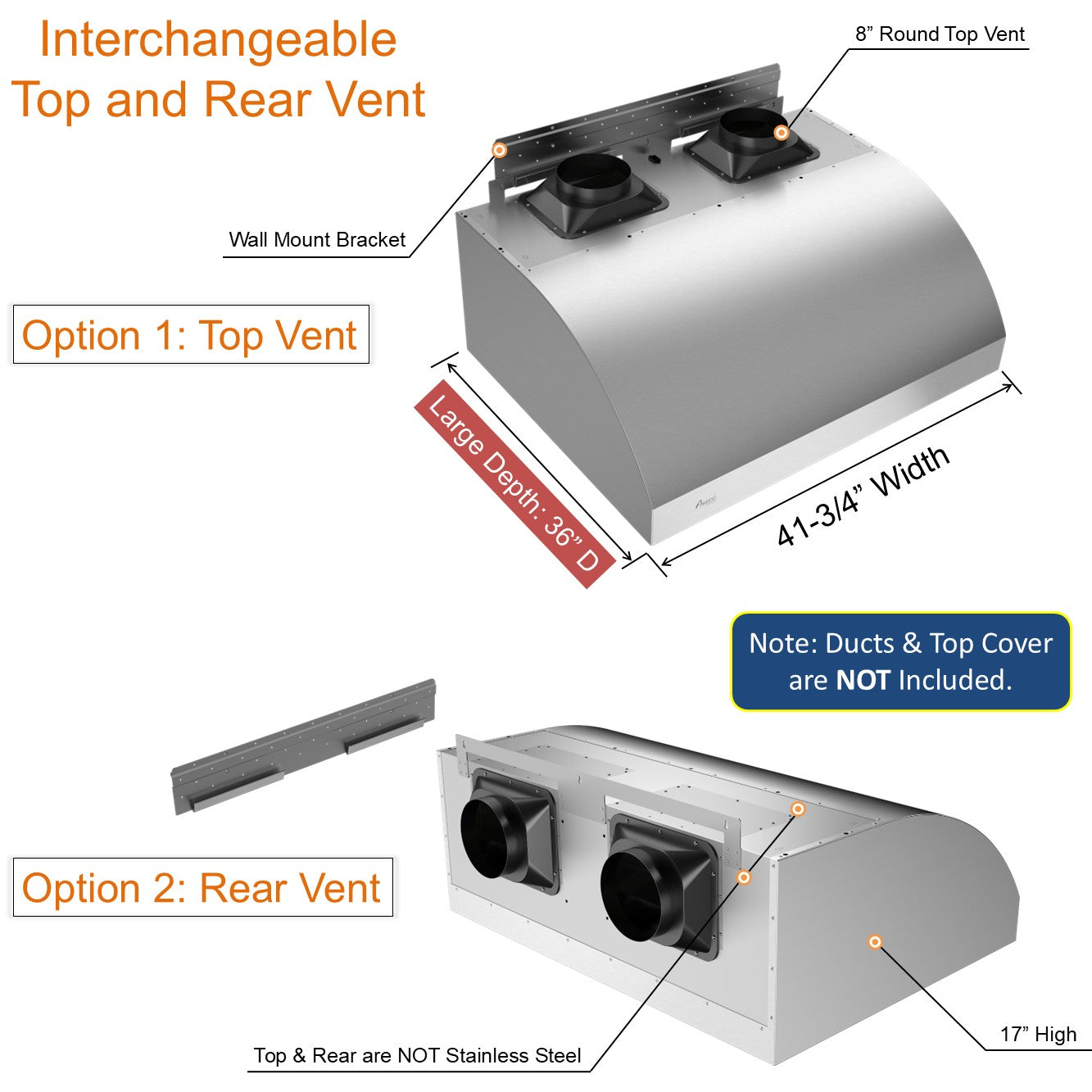 Interchangeable top and rear vent with dimensions 