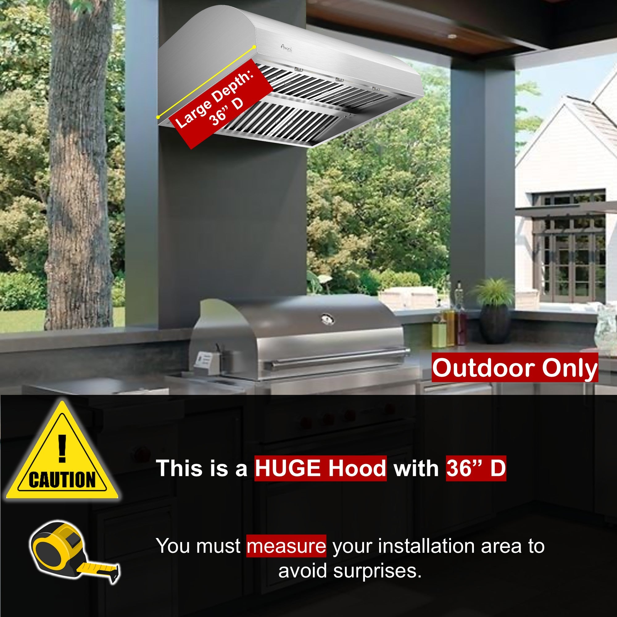 Large outdoor kitchen hood with measurement and installation instructions.