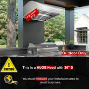 Large outdoor kitchen hood with measurement and installation instructions.