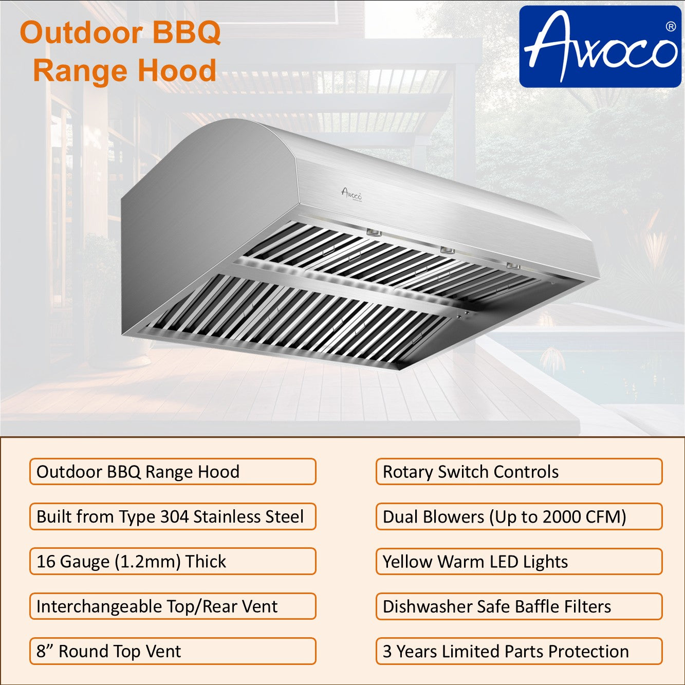 Awoco outdoor BBQ vent hood with specifications 