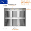 Wall-mounted range hood with labeled features 