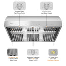 Stainless steel BBQ vent hood with control features and LED lights