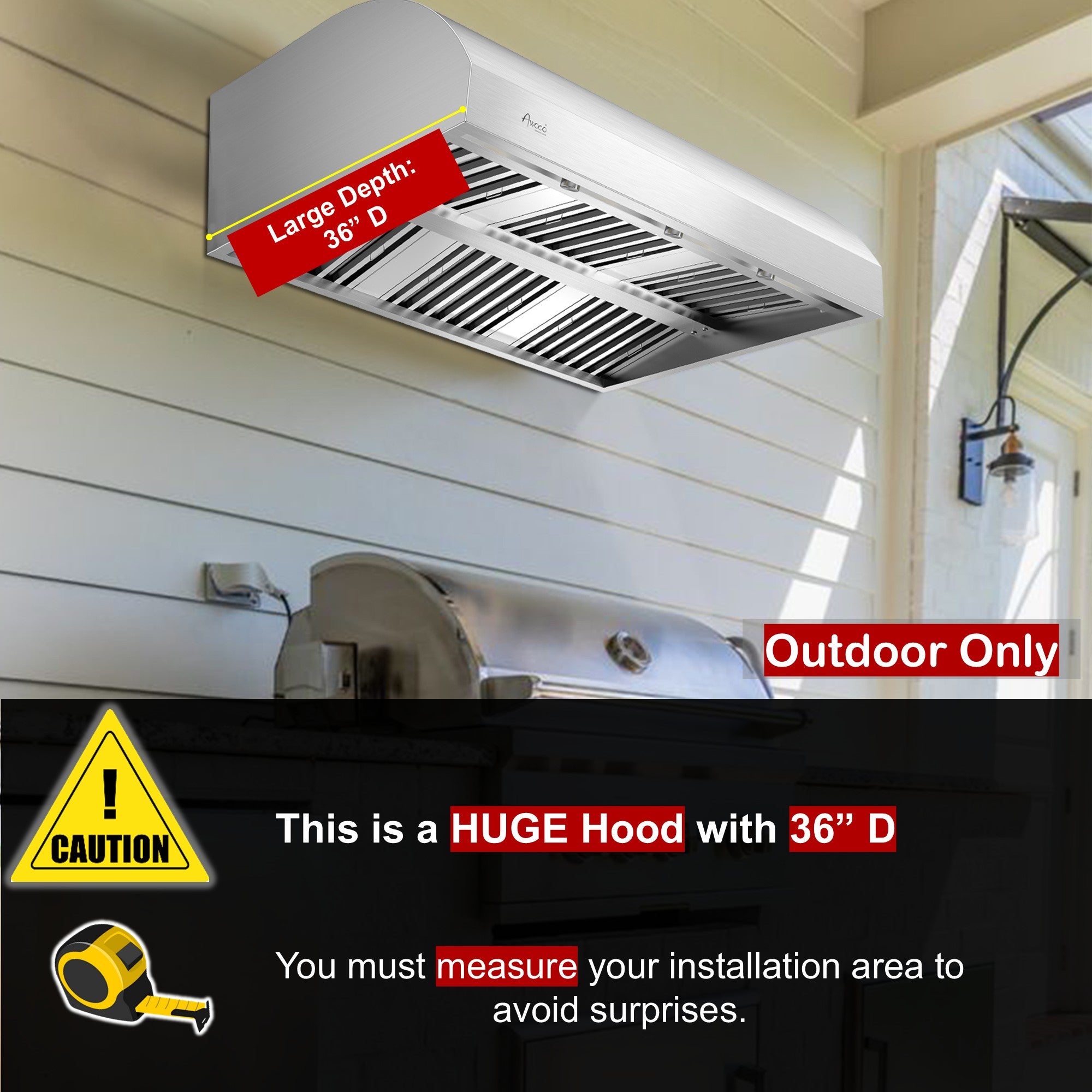 Large Outdoor hood with measurement details and warning label.