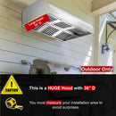 Large Outdoor hood with measurement details and warning label.