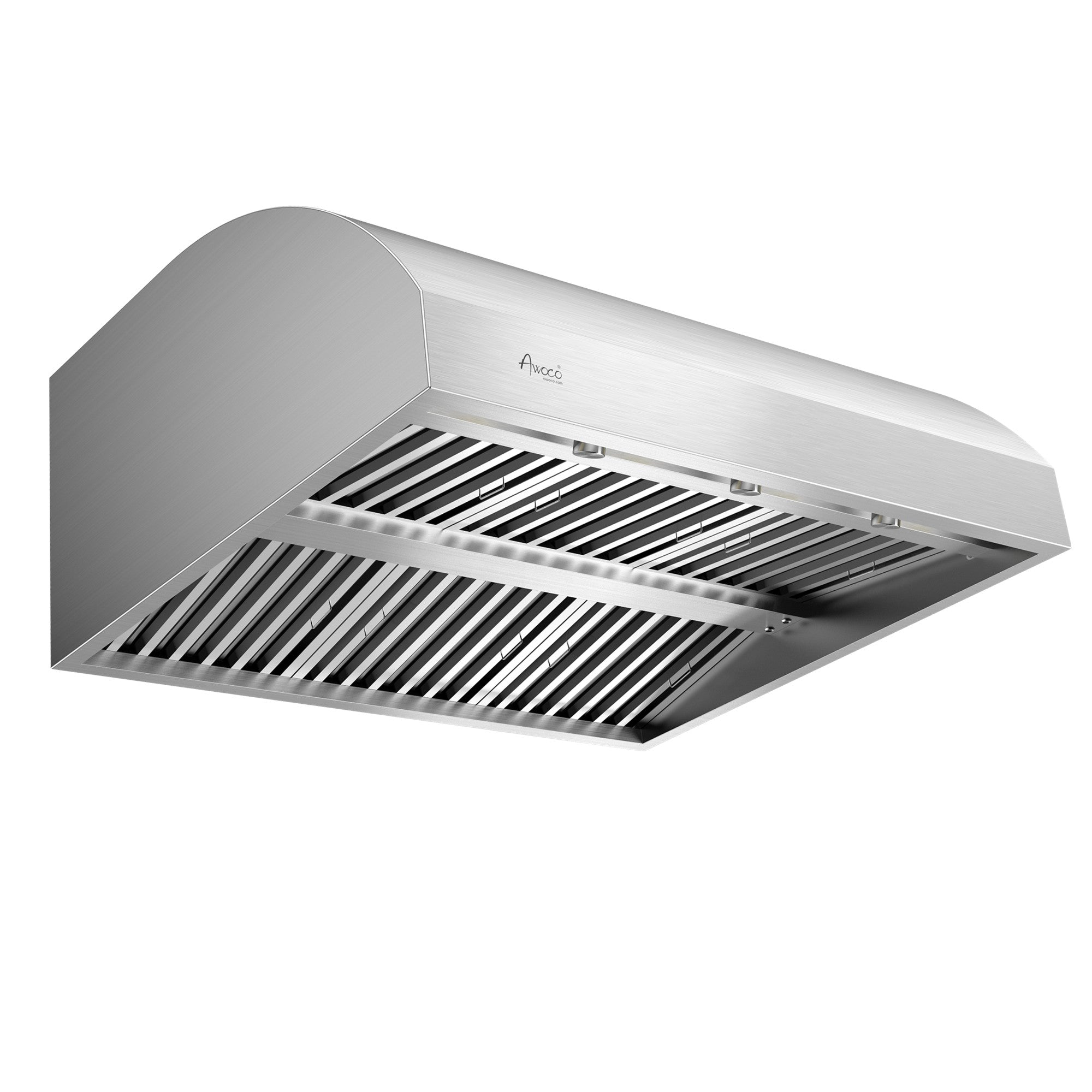 A wall-mounted, stainless steel Awoco range hood with visible adjustable LED lights and a vent in the front.