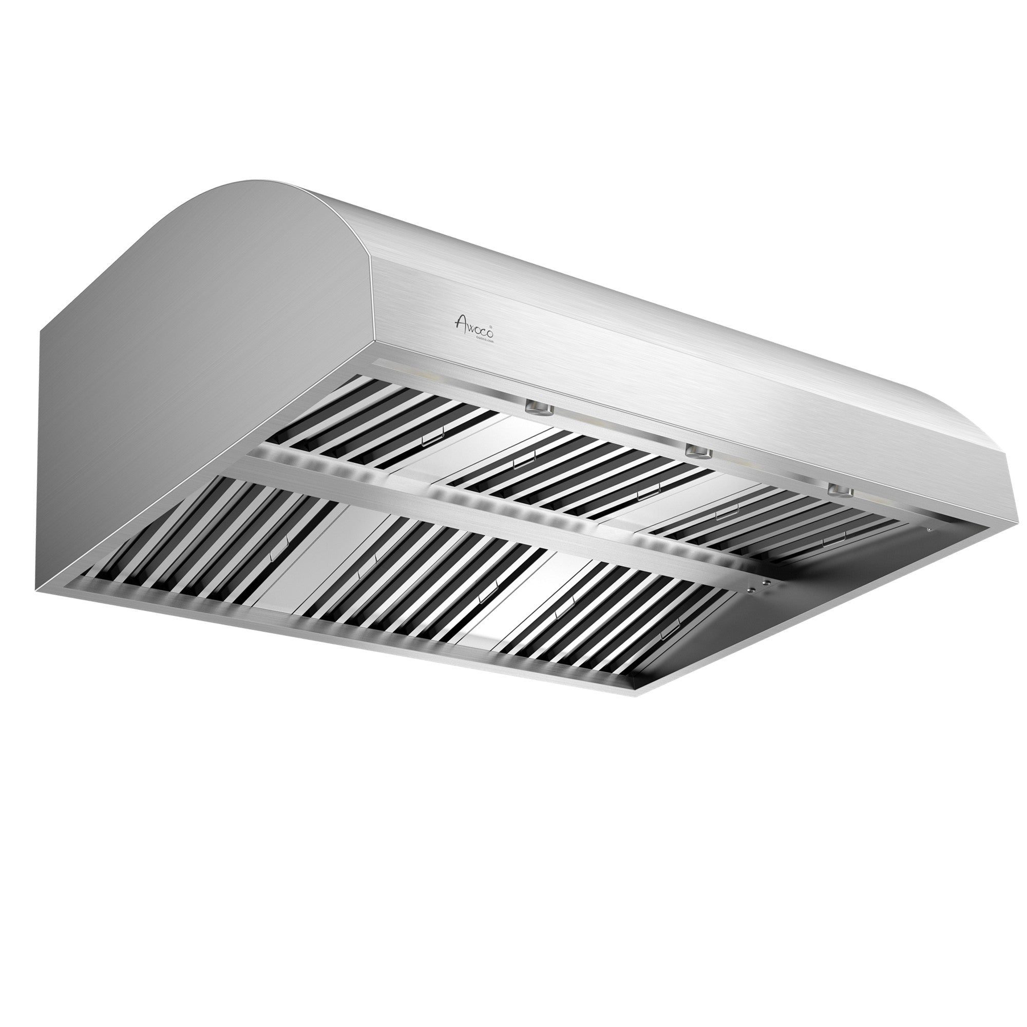 A stainless steel Awoco outdoor BBQ vent hood with visible adjustable LED lights and a 8” round top vent.