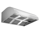 A stainless steel Awoco outdoor BBQ vent hood with visible adjustable LED lights and a 8” round top vent.