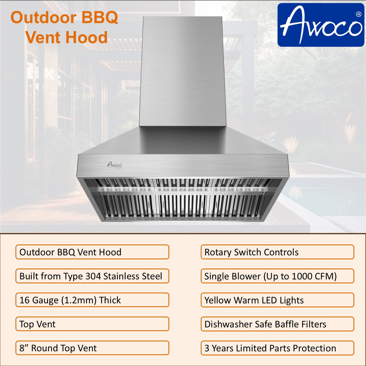 Outdoor BBQ vent hood, 8" round top vent, yellow warm LED lights, dishwasher safe baffle filters