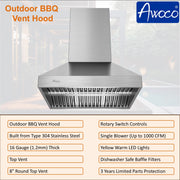 Outdoor BBQ vent hood, 8" round top vent, yellow warm LED lights, dishwasher safe baffle filters