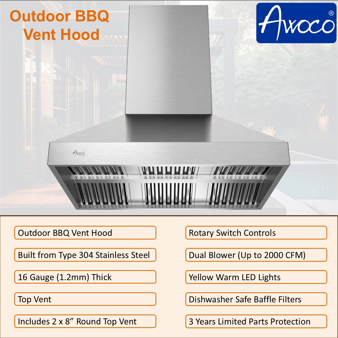 Outdoor BBQ Vent Hood, dual blower (up to 2000 CFM), Dish washer safe baffle filters
