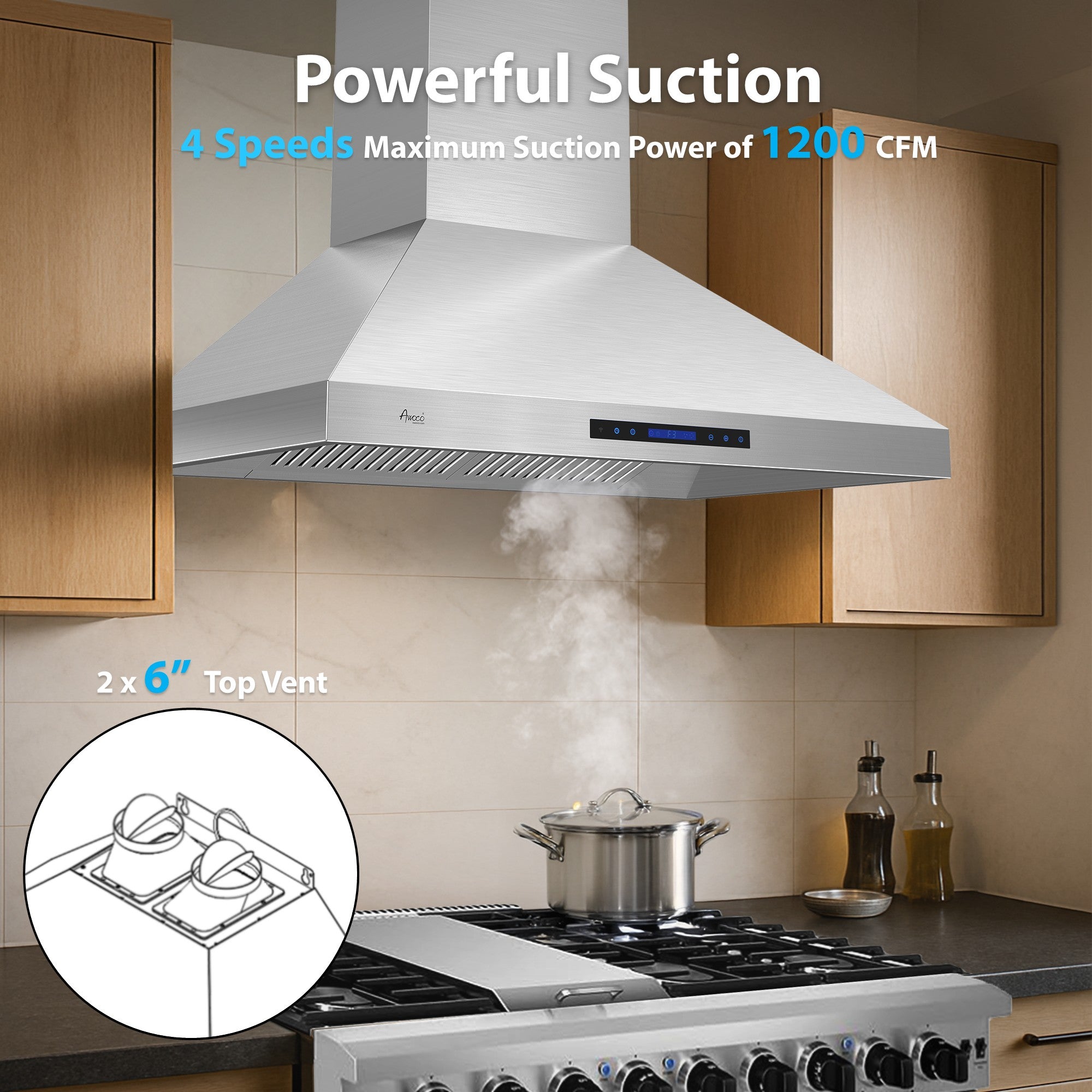 Powerful Suction 4 speeds maximum suction power of 1200 CFM, 2 of 6" top vent