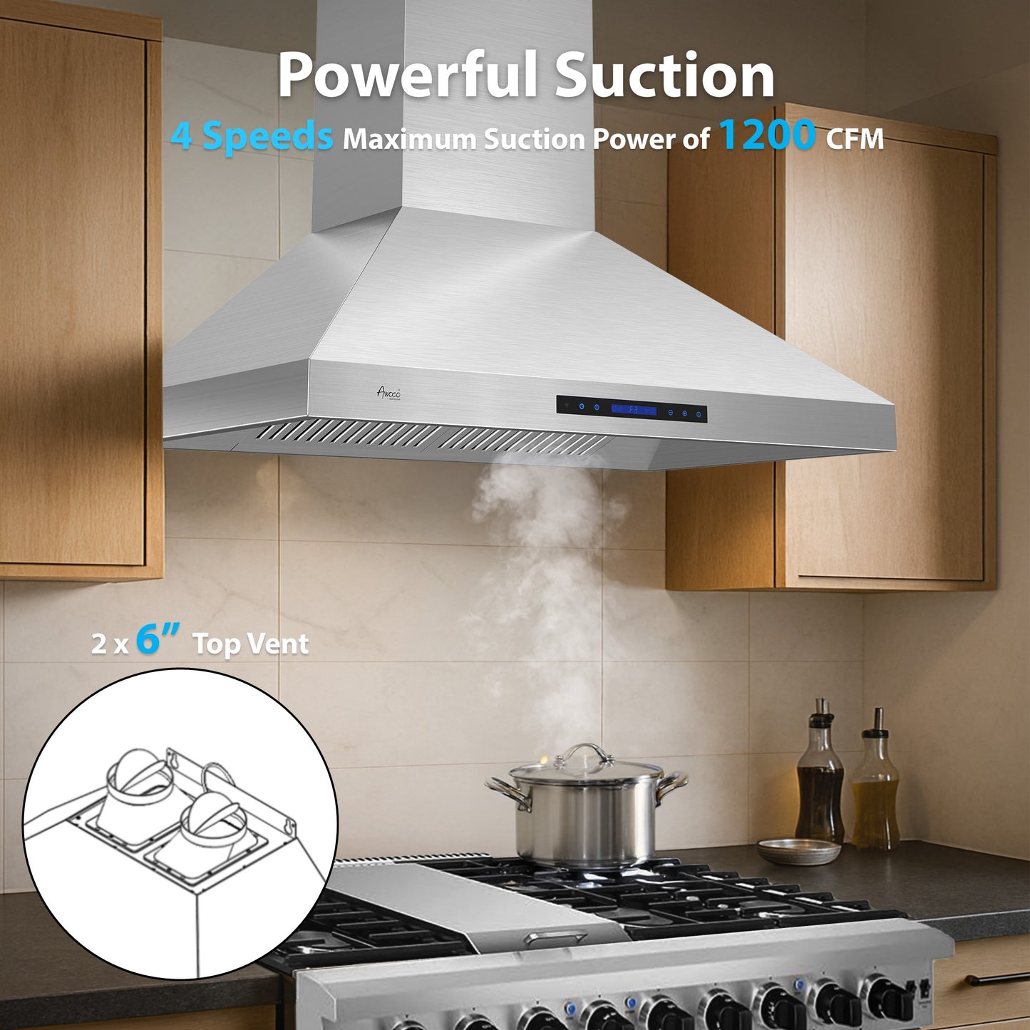 Powerful Suction 4 speeds maximum suction power of 1200 CFM, 2 of 6" top vent