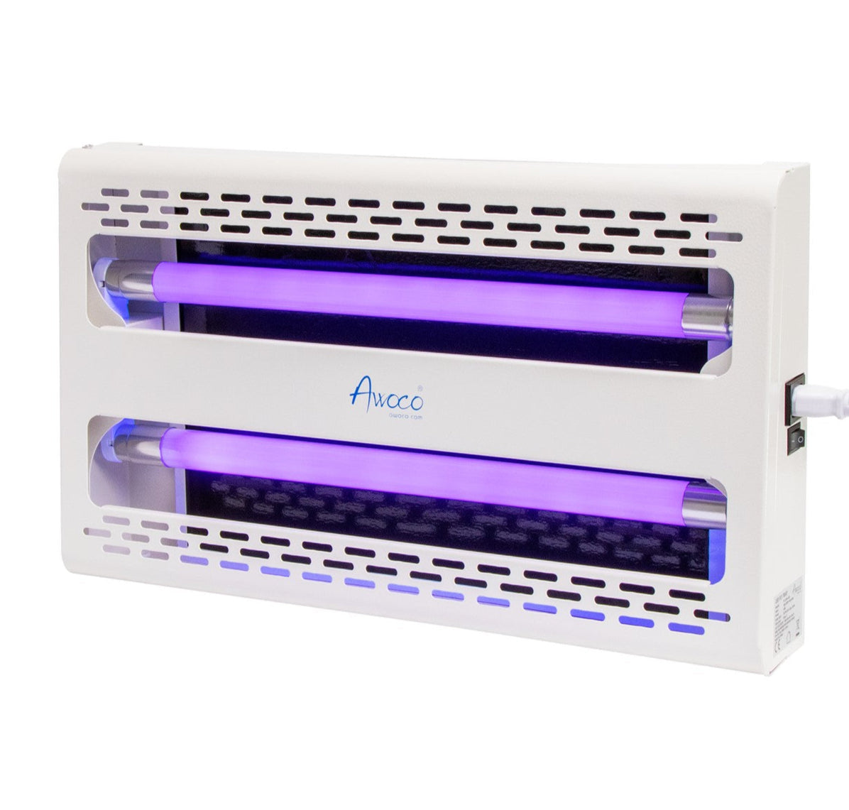 An Awoco branded LED wall mount or table standing sticky fly trap lamp with two UV light bulbs.
