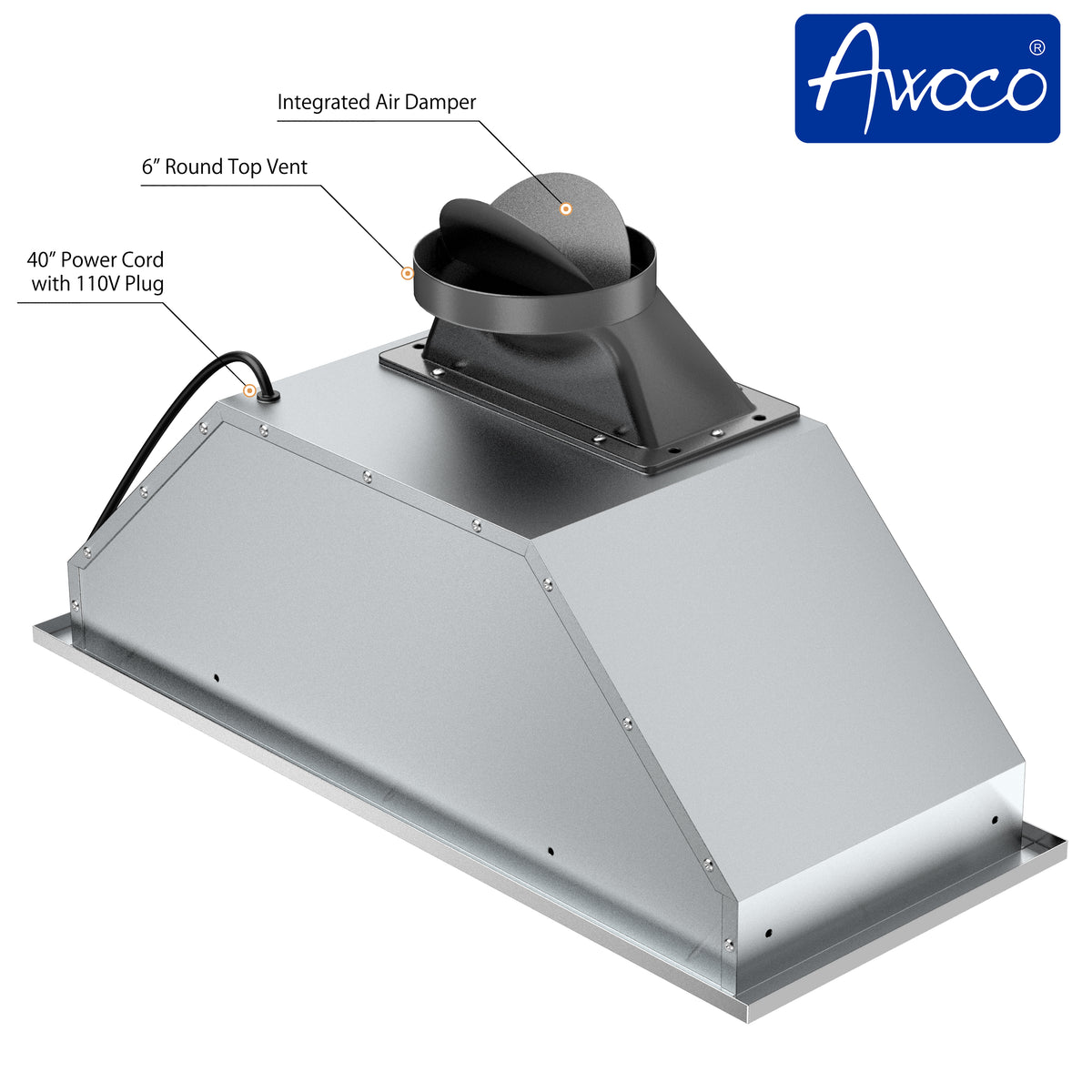 RH-BQ-MESH Range Hood Insert with Integrated Air Damper and 6 inch round top vent