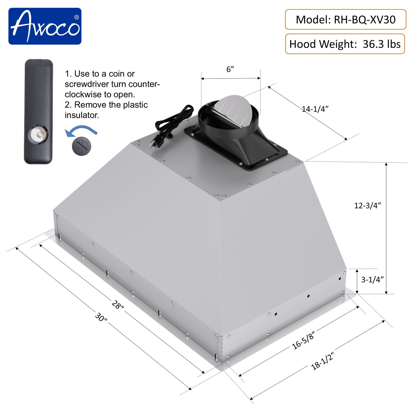 RH-BQ-XV 30 Inch Range Hood Insert dimension